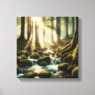 Tranquil Forest Stream with Vintage Light – Canvas Print