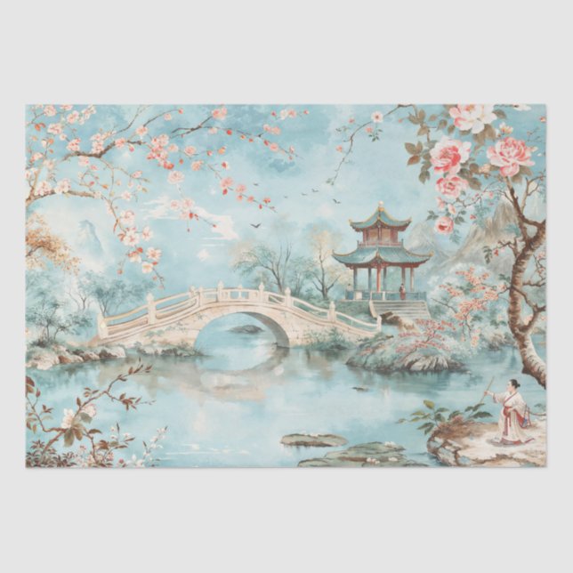 Tranquil Garden Bridge Chinoiserie Watercolor Tissue Paper (Front)