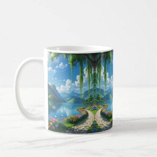 “Tranquil Garden Path – Serene Sips Start Here” Coffee Mug (Left)