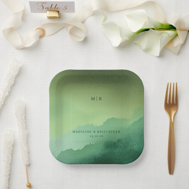 Tranquil Green Gradient Watercolor Paper Plate (Wedding)