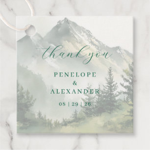 Tranquil Green Watercolor Mountain Landscape Favour Tags