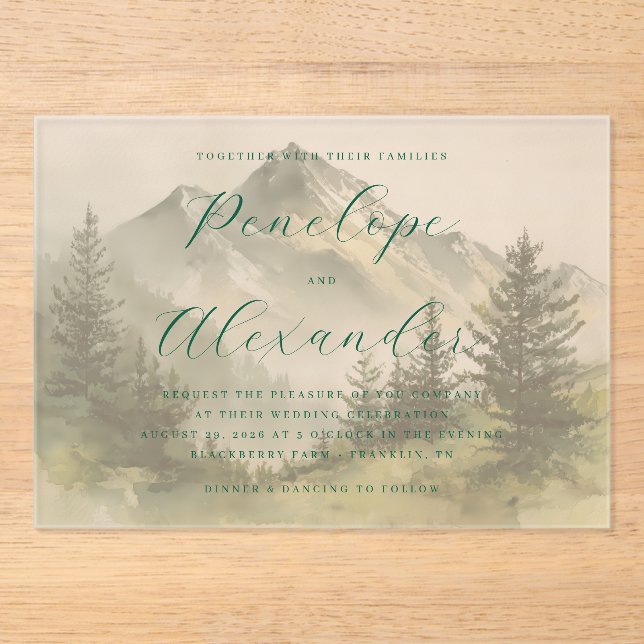 Tranquil Green Watercolor Mountains Acrylic Invitations (Front)