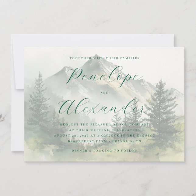 Tranquil Green Watercolor Mountains Invitation (Front)