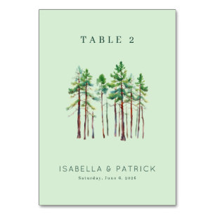 Tranquil Green Watercolor Pine Trees Table Number