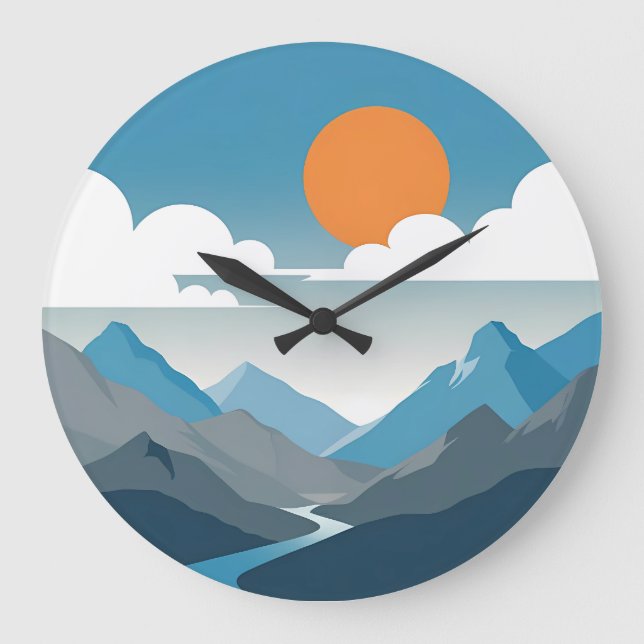 Tranquil Horizon | Minimal Mountain Landscape Art Large Clock (Front)