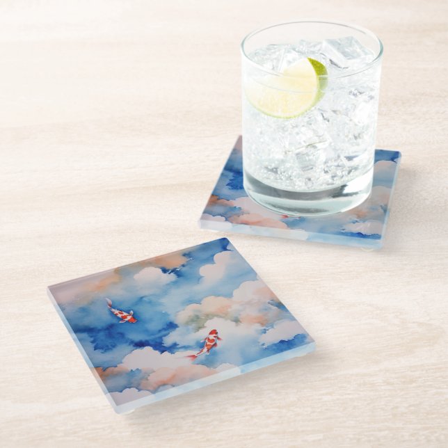Tranquil Japanese Koi in the Clouds Glass Coaster (Angled)