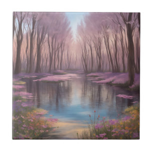 Tranquil Lake Scene With Watercolor Wildflowers Tile
