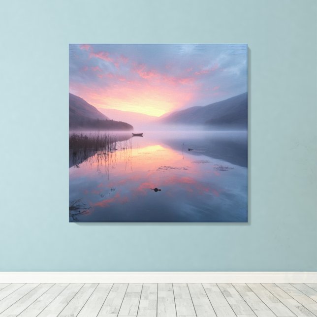 Tranquil Lake Sunrise – Serene Nature Landscape Ar Canvas Print (Insitu(Wood Floor))