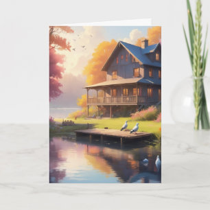 tranquil lakeside   charming wooden house birthday card