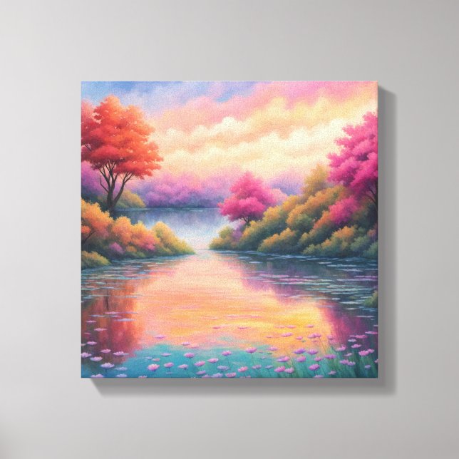 Tranquil Lakeside Escape: Floral Landscape  Canvas Print (Front)