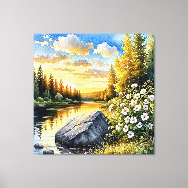 Tranquil Lakeside Landscape At Sunset Canvas Print (Front)