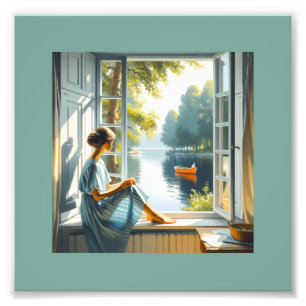 Tranquil Lakeside Retreat: Serene Window View Photo Print