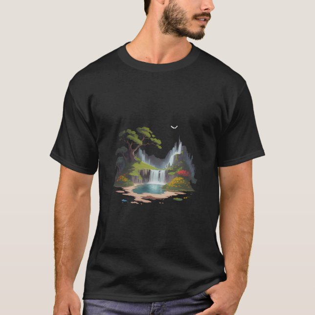 Tranquil Landscape Waterfall and Flowers T-Shirt (Front)