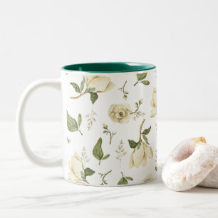 Tranquil Magnolia: Green Watercolor Flower Pattern Two-Tone Coffee Mug