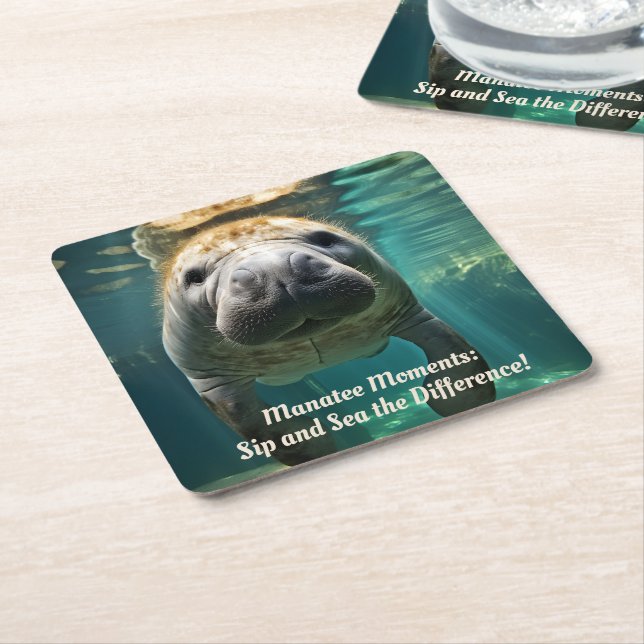 Tranquil Manatee Embrace: Customisable Hug Hub  Square Paper Coaster (Angled)