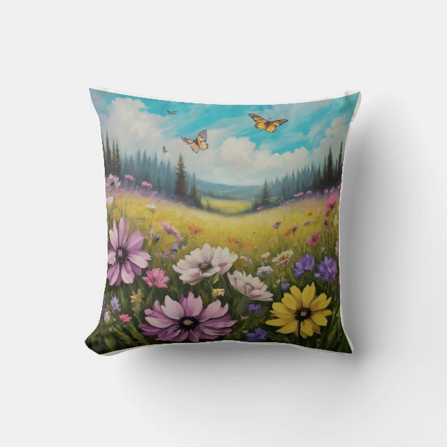 Tranquil Meadow Scene pelow Butterflies and Flower Cushion (Front)