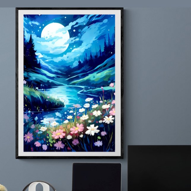 Tranquil moon night floral stream landscape | Ai Poster (Creator Uploaded)