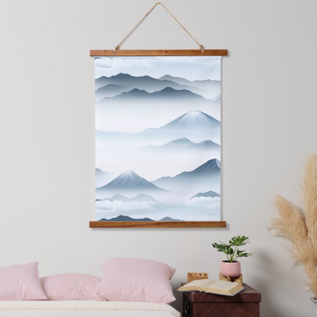 Tranquil Mountains Snow Blue White Scene Hanging Tapestry (Bedroom)
