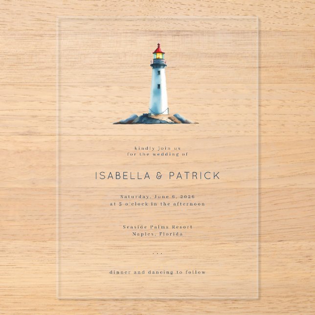 Tranquil Muted Watercolor Lighthouse Acrylic Invitations (Front)