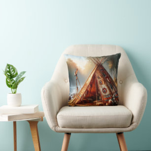 Tranquil native Indian teepee by a serene river Cushion