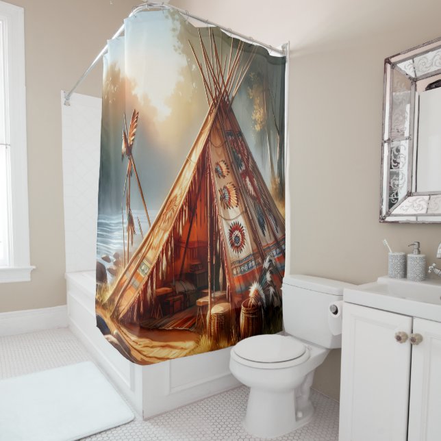 Tranquil native Indian teepee by a serene river Shower Curtain (In Situ)