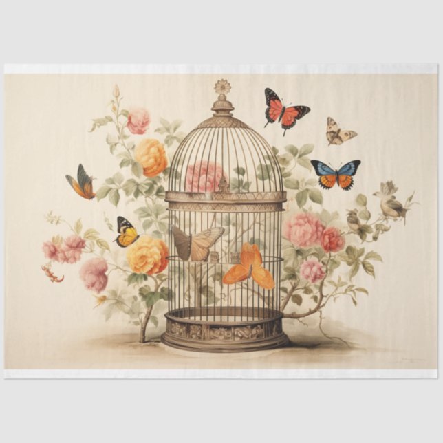 Tranquil Oasis: Birdcage Decoupage Tissue Paper (Front)