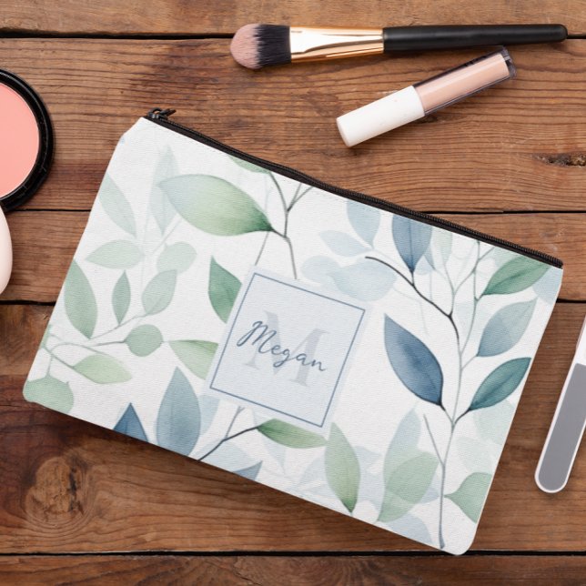 Tranquil Oasis Watercolor Leaves Monogram & Name Accessory Pouch (Creator Uploaded)