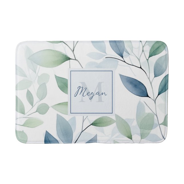 Tranquil Oasis Watercolor Leaves Monogram & Name Bath Mat (Front)