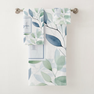 Tranquil Oasis Watercolor Leaves Monogram & Name Bath Towel Set