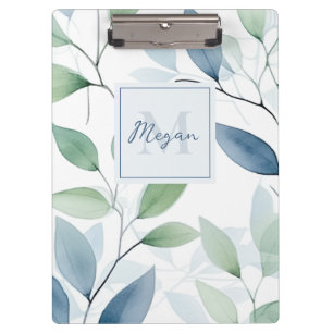 Tranquil Oasis Watercolor Leaves Monogram & Name Clipboard