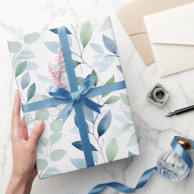 Tranquil Oasis Watercolor Leaves Monogram & Name Wrapping Paper (Gifting)