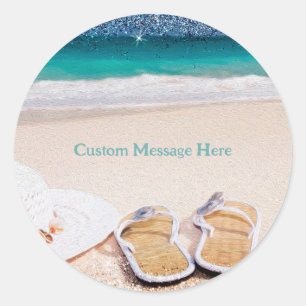 Tranquil Ocean Beach: Summer Sunhat and Sandals Classic Round Sticker
