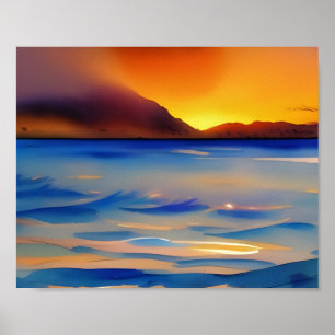 Tranquil Ocean Sunset Watercolor Poster