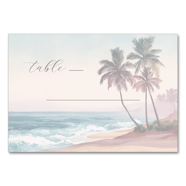 Tranquil Pastel Watercolor Beach Scene Table Number (Front)