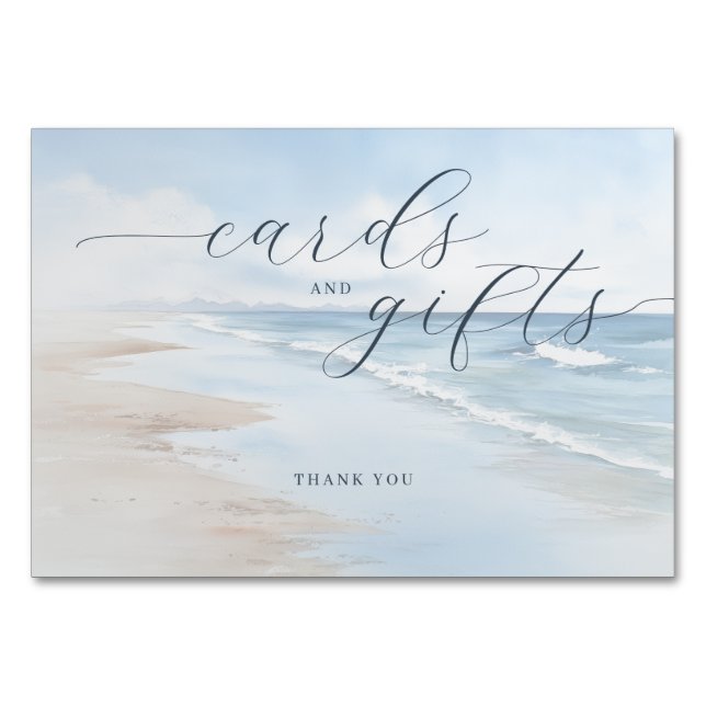Tranquil Pastel Watercolor Beach Scene Table Number (Front)