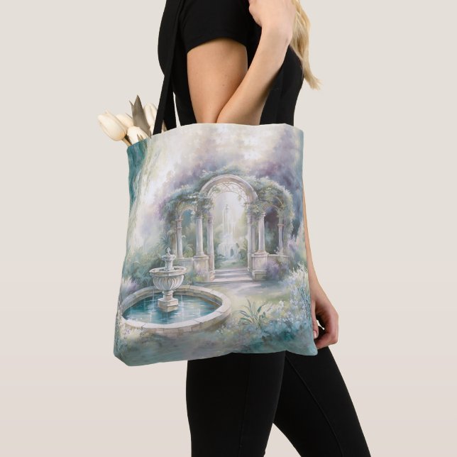 TRANQUIL PASTEL WATERCOLOR GARDEN SCENE TOTE BAG (Close Up)