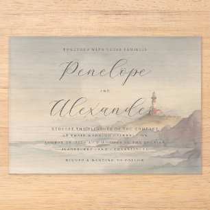 Tranquil Pastel Watercolor Lighthouse Acrylic Invitations