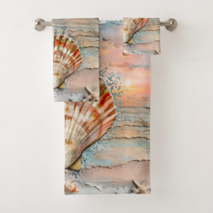 Tranquil Peach and Orange Seashell Watercolor Bath Towel Set