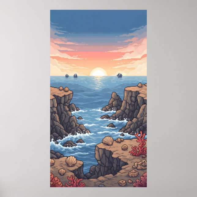 Tranquil pixelated sunrise over ocean with rocky poster (Front)