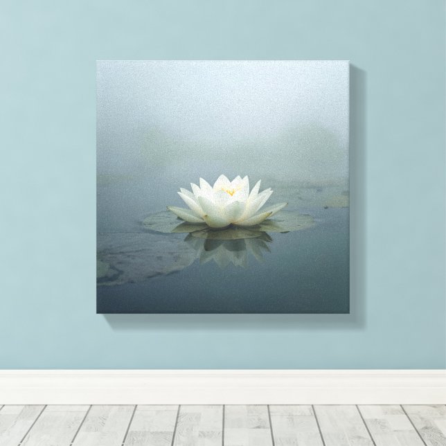 Tranquil Reverie – White Water Lily in Morning Mis Canvas Print (Insitu(Wood Floor))