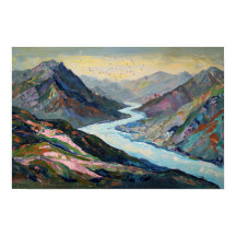 Tranquil River, Mountain Hues Illustration Retro 