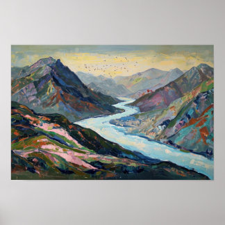 Tranquil River, Mountain Hues Illustration Retro  Poster