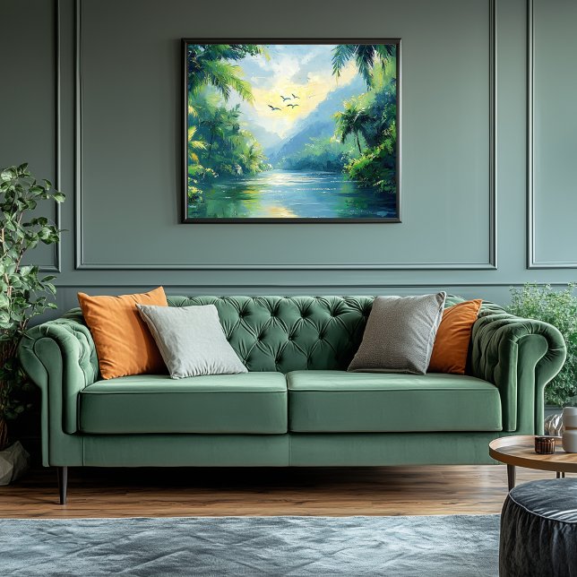Tranquil River Winding Through Dense Jungle Canvas Print (Jungle River Artwork)