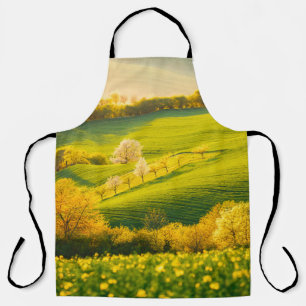 Tranquil rural landscape in sunbeams. Beautiful su Apron