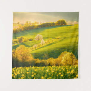 Tranquil rural landscape in sunbeams. Beautiful su Tapestry