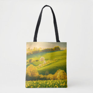 Tranquil rural landscape in sunbeams. Beautiful su Tote Bag