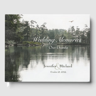 Tranquil rustic lake evergreens reflection memory guest book