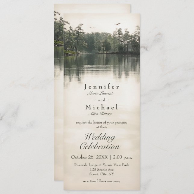 tranquil rustic lake evergreens reflection slender invitation (Front/Back)