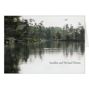 Tranquil rustic lake evergreens wedding thank you