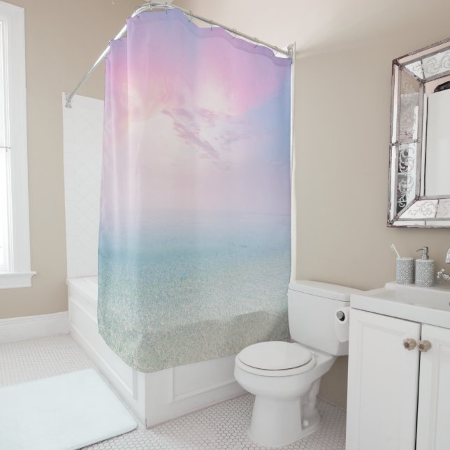 Tranquil sandy beach pink skies shower curtain (In Situ)